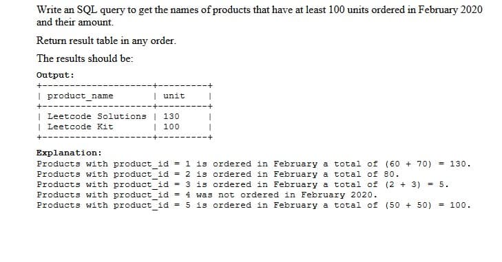 Write an SQL query to get the names of products that have at least 100 units ordered in February 2020
and their amount.
Return result table in any order.
The results should be:
Output:
+-
I product name
| unit
+--
| Leetcode Solutions | 130
| Leetcode Kit
| 100
Explanation:
Products with product id = 1 is ordered in February a total of (60 + 70) = 130.
Products with product id = 2 is ordered in February a total of 80.
Products with product id = 3 is ordered in February a total of (2 + 3)
Products with product id = 4 was not ordered in February 2020.
Products with product id
= 5.
= 5 is ordered in February a total of (50 + 50)
= 100.
