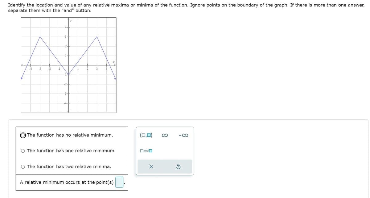 Identify the location and value of any relative maxima or minima of the function. Ignore points on the boundary of the graph. If there is more than one answer,
separate them with the "and" button.
4-
1-
-1-
-2-
O The function has no relative minimum.
(0,0)
00
- 00
The function has one relative minimum.
DandO
O The function has two relative minima.
A relative minimum occurs at the point(s)
