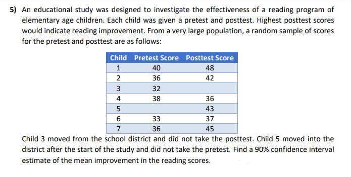 5) An educational study was designed to investigate the effectiveness of a reading program of
elementary age children. Each child was given a pretest and posttest. Highest posttest scores
would indicate reading improvement. From a very large population, a random sample of score
for the pretest and posttest are as follows:
pres
Child Pretest Score Posttest Score
1
40
48
2
36
42
3
32
36
43
4
38
6
33
37
7
36
45
Child 3 moved from the school district and did not take the posttest. Child 5 moved into the
district after the start of the study and did not take the pretest. Find a 90% confidence interval
estimate of the mean improvement in the reading scores.
