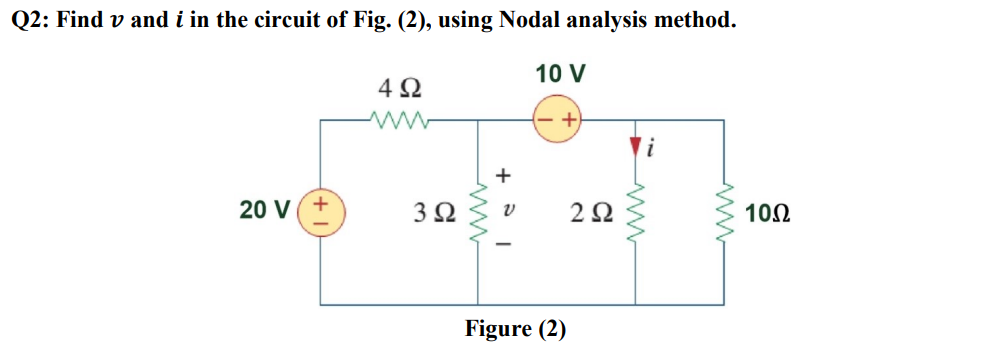 Q2: Find v and i in the circuit of Fig. (2), using Nodal analysis method.
10 V
20 V
Μ
4Ω
+
3Ω ν
Figure (2)
2 Ω
Μ
Μ
10Ω