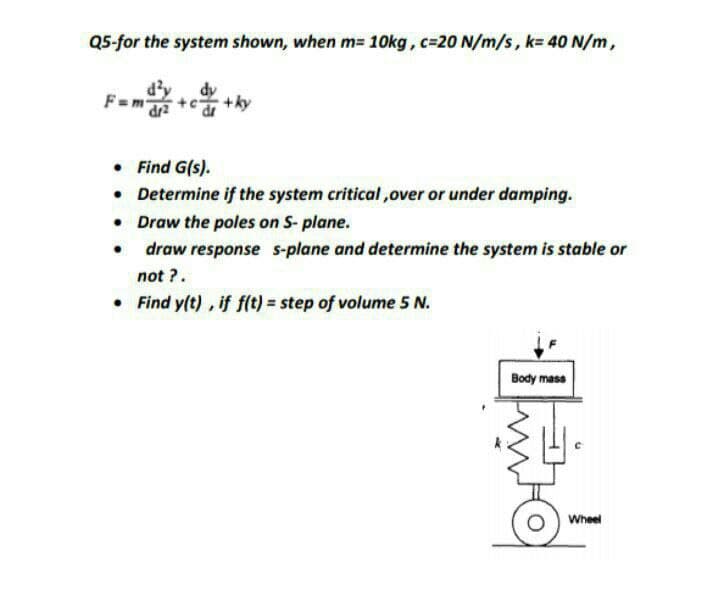 Q5-for the system shown, when m= 10kg, c=20 N/m/s, k= 40 N/m,
d'y
F=m-
+ky
• Find G(s).
• Determine if the system critical ,over or under damping.
• Draw the poles on S- plane.
• draw response s-plane and determine the system is stable or
not ?.
• Find y(t), if f(t) = step of volume 5 N.
Body mass
Wheel
