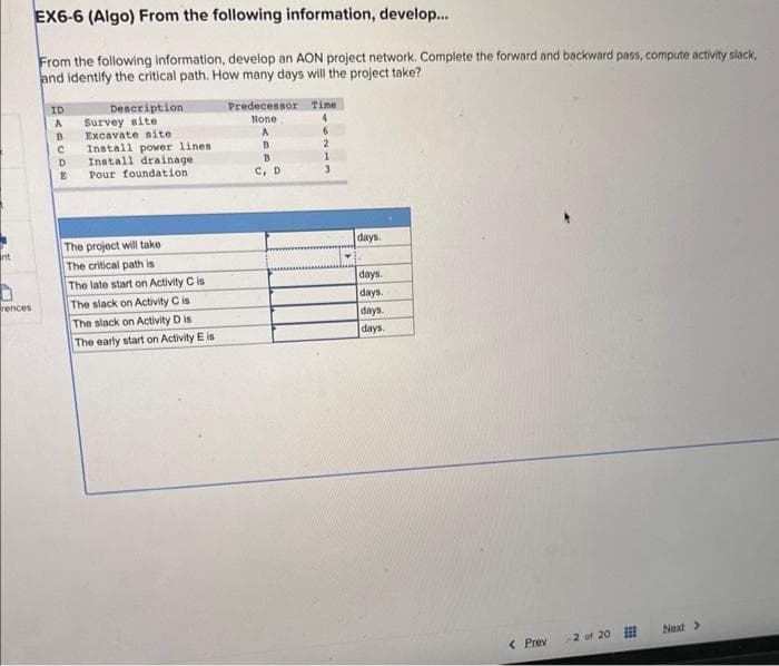 nt
rences
EX6-6 (Algo) From the following information, develop...
From the following information, develop an AON project network. Complete the forward and backward pass, compute activity slack,
and identify the critical path. How many days will the project take?
ID
PARCDE
с
Description
Survey site
Excavate site.
Install power lines
Install drainage
Pour foundation
The project will take
The critical path is
The late start on Activity C is
The slack on Activity C is
The slack on Activity Dis
The early start on Activity E is
Predecessor
None
A
B
B
C, D
Time
4
6
1
3
days.
days.
days.
days.
days.
< Prev
2 of 20
Next >