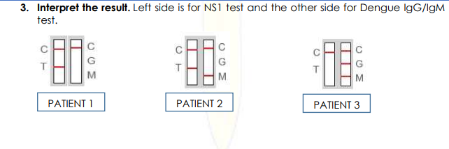 3. Interpret the result. Left side is for NS1 test and the other side for Dengue IgG/IgM
test.
C
C
M
M
M
PATIENT 1
PATIENT 2
PATIENT 3
