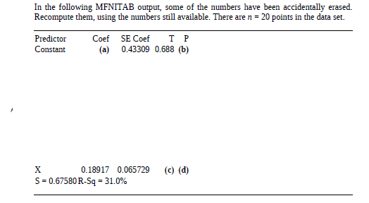 In the following MFNITAB output, some of the numbers have been accidentally erased.
Recompute them, using the numbers still available. There are n = 20 points in the data set.
Predictor
Coef
SE Coef
Constant
(a)
0.43309 0.688 (b)
X.
0.18917 0.065729
(c) (d)
S = 0.67580R-Sq
= 31.0%
