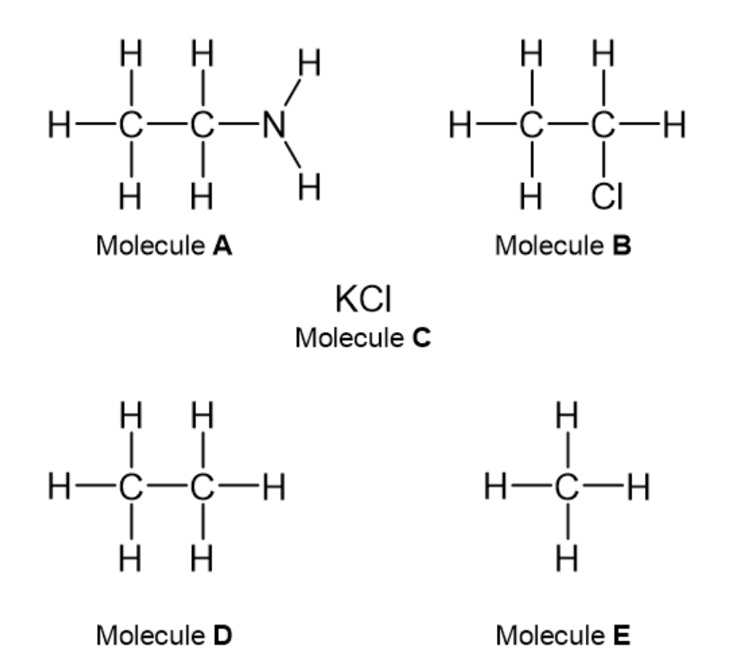H
H
H
H
Н—с-с—N
H-C-C-H
H
нн
H
H
H
H ČI
I
Molecule A
Molecule B
KCI
Molecule C
нн
H-C-C-H
H-C-H
нн
Molecule D
Molecule E
I-U-I

