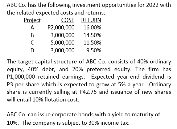 ABC Co. has the following investment opportunities for 2022 with
the related expected costs and returns:
Project
COST RETURN
P2,000,000
A
16.00%
3,000,000
5,000,000
B
14.50%
11.50%
D
3,000,000
9.50%
The target capital structure of ABC Co. consists of 40% ordinary
equity, 40% debt, and 20% preferred equity. The firm has
P1,000,000 retained earnings. Expected year-end dividend is
P3 per share which is expected to grow at 5% a year. Ordinary
share is currently selling at P42.75 and issuance of new shares
will entail 10% flotation cost.
ABC Co. can issue corporate bonds with a yield to maturity of
10%. The company is subject to 30% income tax.
