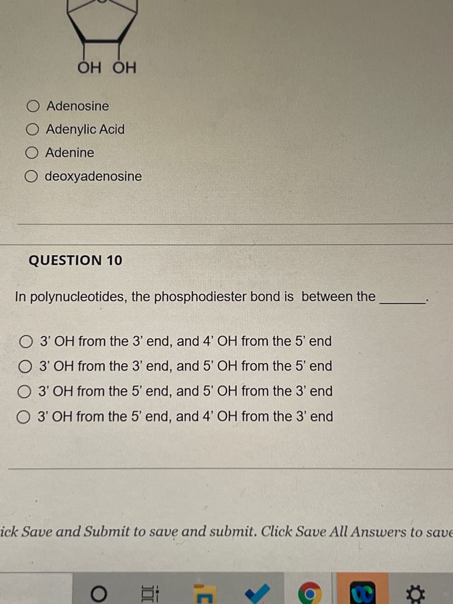 Но но
Adenosine
Adenylic Acid
Adenine
deoxyadenosine
QUESTION 10
In polynucleotides, the phosphodiester bond is between the
O 3' OH from the 3' end, and 4' OH from the 5' end
O 3' OH from the 3' end, and 5' OH from the 5' end
O 3' OH from the 5' end, and 5' OH from the 3' end
O 3' OH from the 5' end, and 4' OH from the 3' end
ick Save and Submit to save and submit. Click Save All Answers to save
