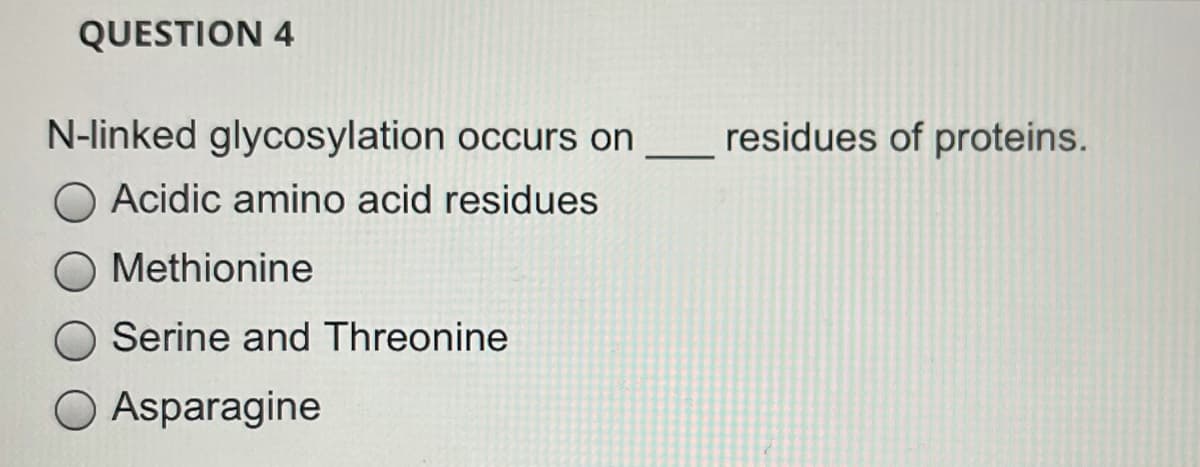 QUESTION 4
N-linked glycosylation occurs on
residues of proteins.
Acidic amino acid residues
Methionine
O Serine and Threonine
O Asparagine
