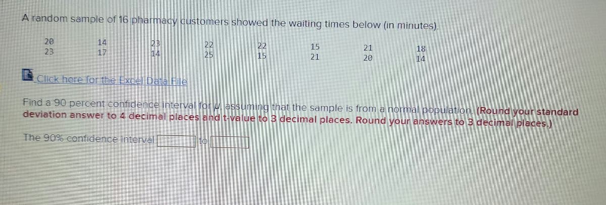 A random sample of 16 pharmacy customers showed the waiting times below (in minutes).
20
14
22
22
15
21
18
23
17
25
15
21
20
14
Click here for the Excel Data File
Find a 90 percent confidence interval for u assuming that the sample is from a normal populatioh (Round your standard
deviation answer to 4 decimal places and t-value to 3 decimal places. Round your answers to 3 decimal places.)
The 90% confidence interval
to
