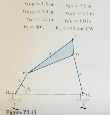 ro,B = 1.5 in;
TBD=3.0 in
ro,0,= 4.0 in:
ToD= 2.5 in
TBC = 3.5 in:
rCD = 1,0 in
02 = 60°;
02
= 140 rpm CW
%3D
D
B
14
2
O2
O4
Figure P3.13
3.
