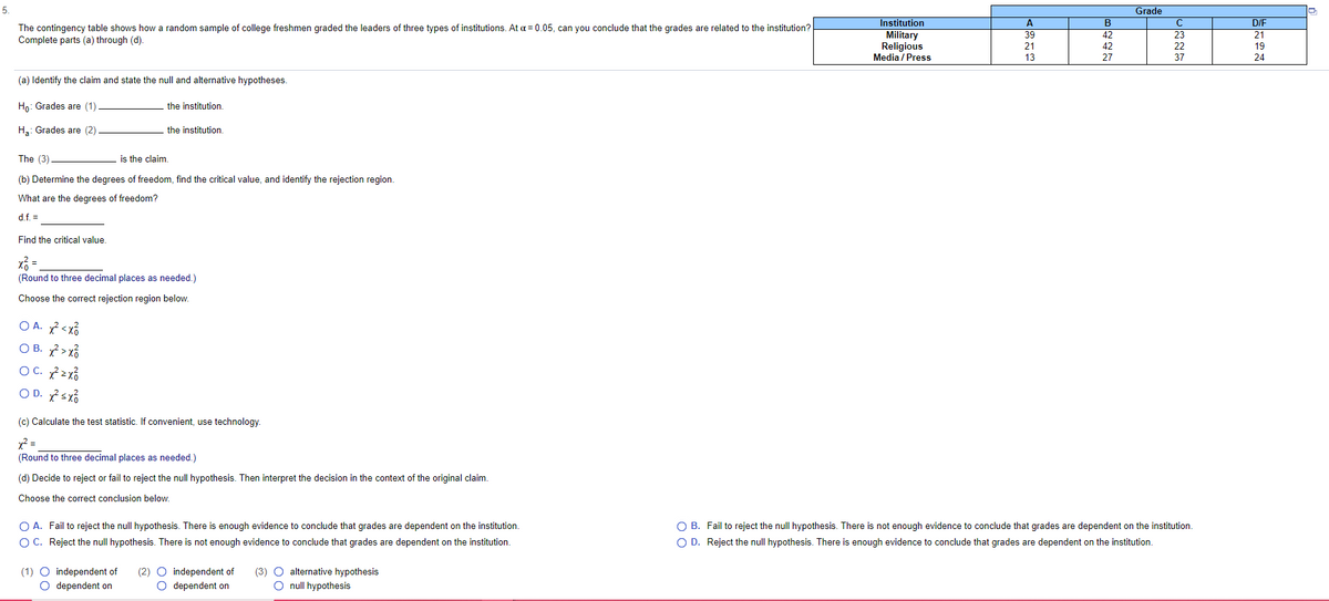 5.
Grade
Institution
Military
Religious
Media / Press
A
В
C
D/F
The contingency table shows how a random sample of college freshmen graded the leaders of three types of institutions. At a = 0.05, can you conclude that the grades are related to the institution?
Complete parts (a) through (d).
39
42
23
21
21
42
22
19
13
27
37
24
(a) Identify the claim and state the null and alternative hypotheses.
Họ: Grades are (1)
the institution.
Ha: Grades are (2)
the institution.
The (3)
is the claim.
(b) Determine the degrees of freedom, find the critical value, and identify the rejection region.
What are the degrees of freedom?
d.f. =
Find the critical value.
X =
(Round to three decimal places as needed.)
Choose the correct rejection region below.
O A. ?<xổ
O B. ? >xổ
O C. 2x6
O D. ?sx3
(c) Calculate the test statistic. If convenient, use technology.
x2 =
(Round to three decimal places as needed.)
(d) Decide to reject or fail to reject the null hypothesis. Then interpret the decision in the context of the original claim.
Choose the correct conclusion below.
O A. Fail to reject the null hypothesis. There is enough evidence to conclude that grades are dependent on the institution.
O B. Fail to reject the null hypothesis. There is not enough evidence to conclude that grades are dependent on the institution.
OC. Reject the null hypothesis. There is not enough evidence to conclude that grades are dependent on the institution.
O D. Reject the null hypothesis. There is enough evidence to conclude that grades are dependent on the institution.
(3) O alternative hypothesis
O null hypothesis
(1) O independent of
(2) O independent of
O dependent on
O dependent on
