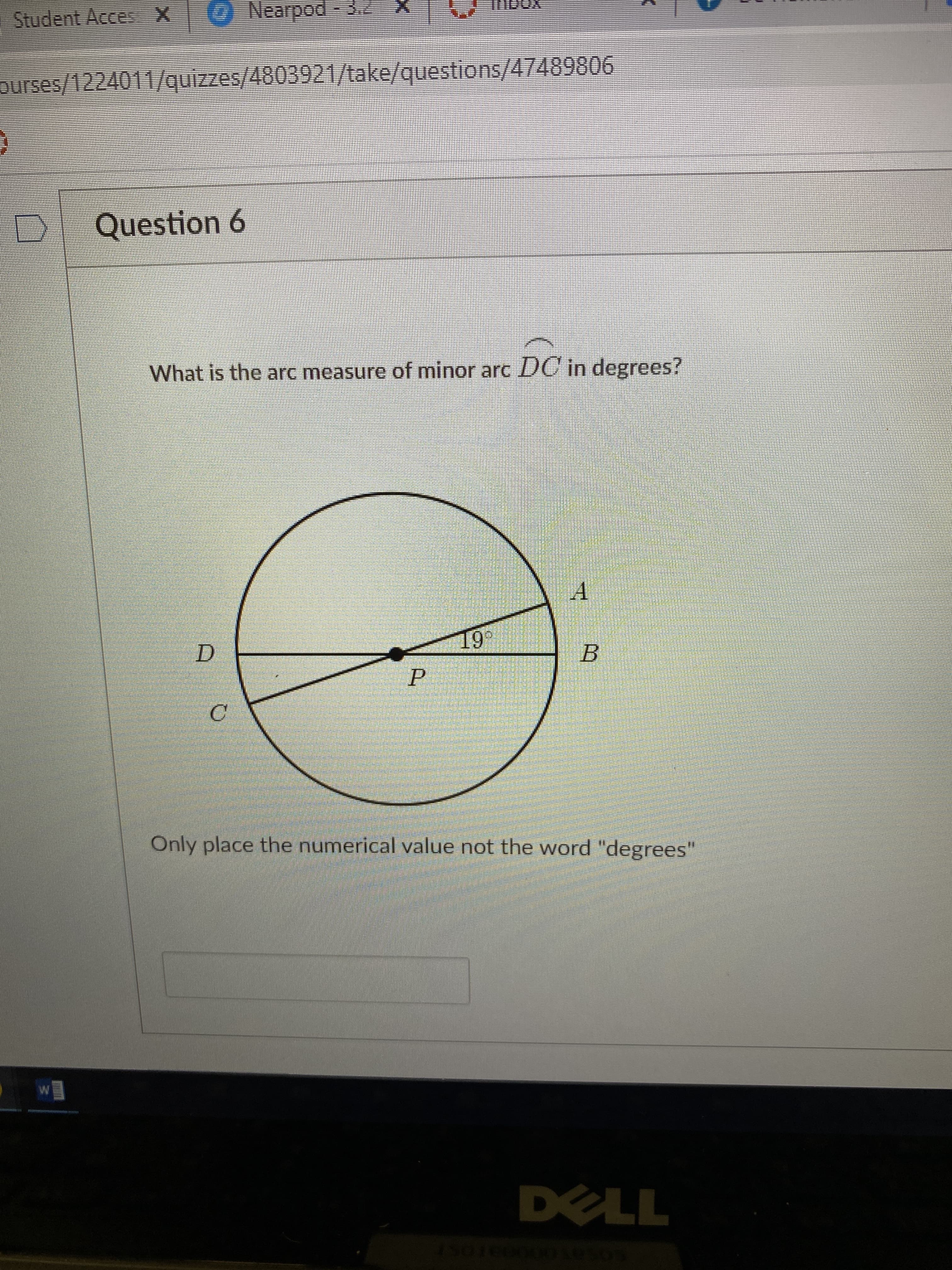 What is the arc measure of minor arc DC in degrees?
