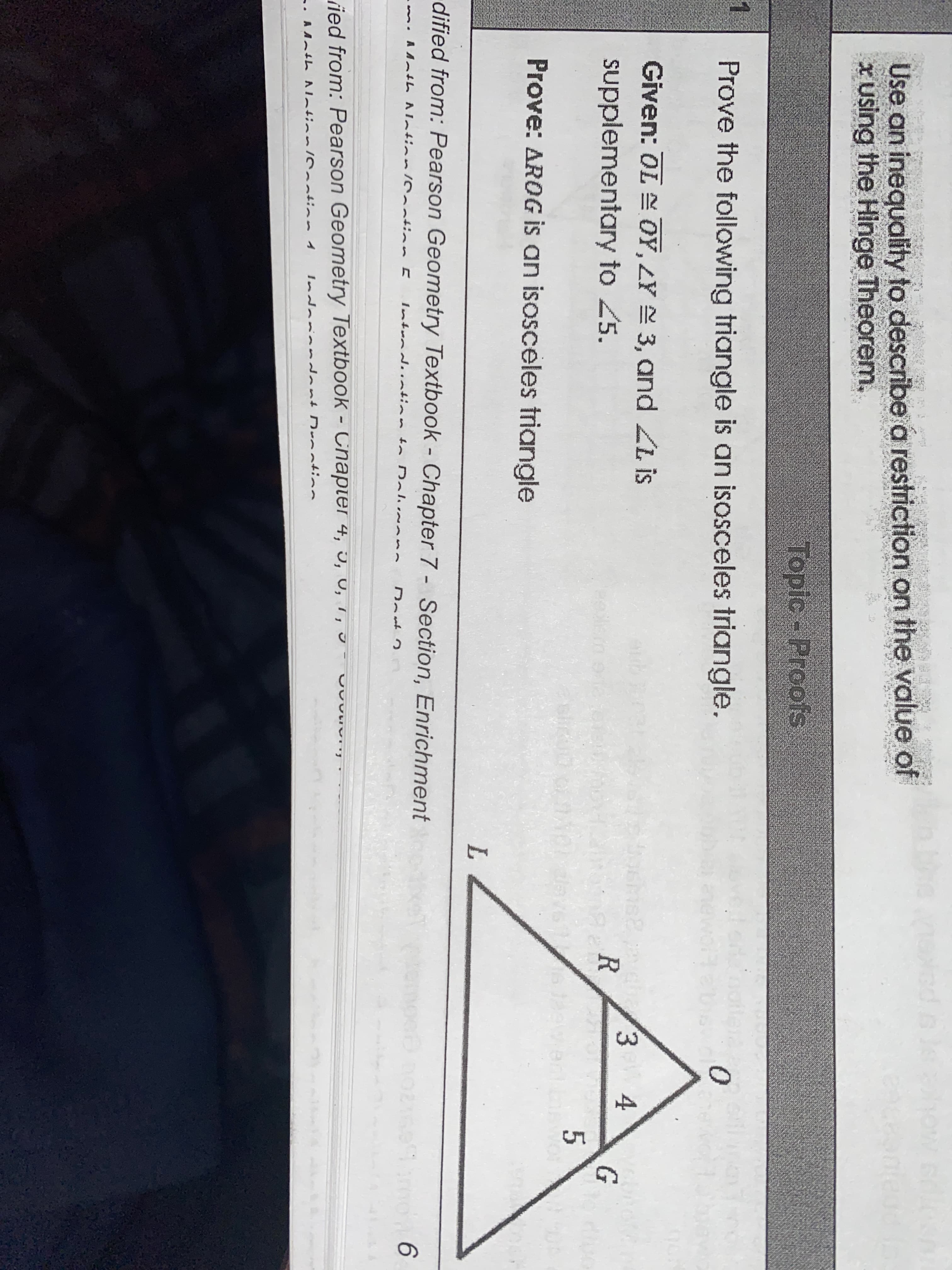 5,
Prove the following triangle is an isosceles triangle.
Given: OL OY, LY E 3, and ZL is
3 4
supplementary to 25.
Prove: AROG İs an isosceles triangle
L.
