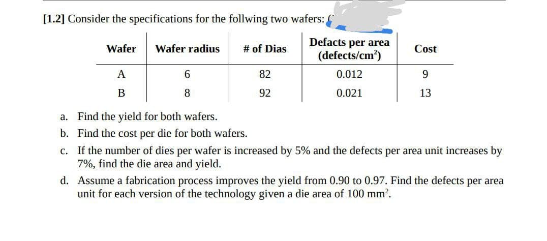 [1.2] Consider the specifications for the follwing two wafers:
Wafer Wafer radius
A
B
6
8
# of Dias
82
92
Defacts per area
(defects/cm²)
0.012
0.021
Cost
9
13
a. Find the yield for both wafers.
b.
Find the cost per die for both wafers.
c.
If the number of dies per wafer is increased by 5% and the defects per area unit increases by
7%, find the die area and yield.
d.
Assume a fabrication process improves the yield from 0.90 to 0.97. Find the defects per area
unit for each version of the technology given a die area of 100 mm².