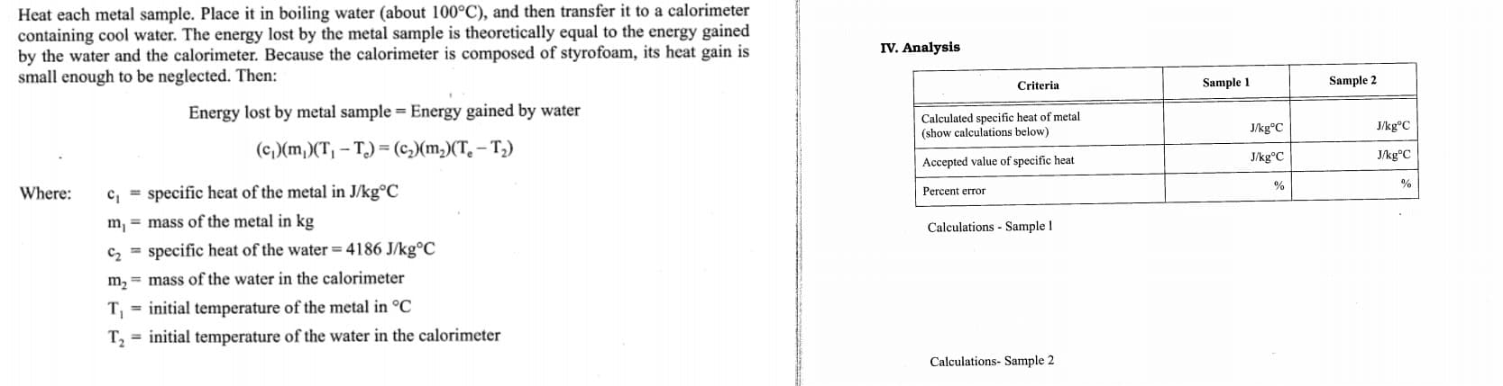 IV. Analysis
Criteria
Sample 1
Sample 2
Calculated specific heat of metal
(show calculations below)
J/kg°C
J/kg°C
Accepted value of specific heat
J/kg°C
J/kg°C
%
%
Percent error
