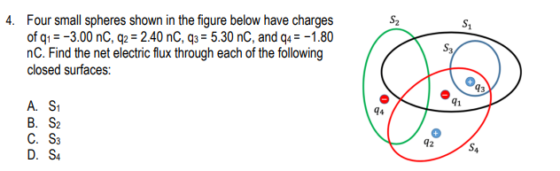 4. Four small spheres shown in the figure below have charges
of q1 = -3.00 nC, q2 = 2.40 nC, q3 = 5.30 nC, and q4 = -1.80
nC. Find the net electric flux through each of the following
closed surfaces:
S2
S1
Sa
A. S1
В. S2
C. S3
D. S4
94
92
S4
