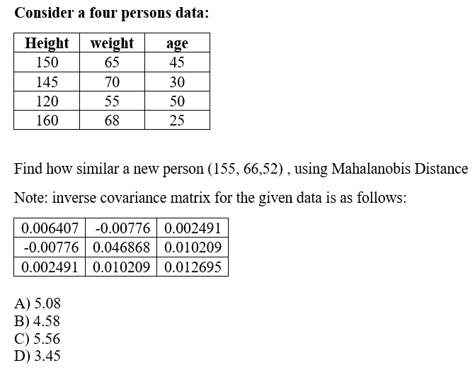 Consider a four persons data:
Height
weight
age
45
150
65
145
70
30
120
55
50
160
68
25
Find how similar a new person (155, 66,52) , using Mahalanobis Distance
Note: inverse covariance matrix for the given data is as follows:
0.006407 -0.00776 0.002491
-0.00776 0.046868 0.010209
0.002491 0.010209 0.012695
A) 5.08
B) 4.58
C) 5.56
D) 3.45
