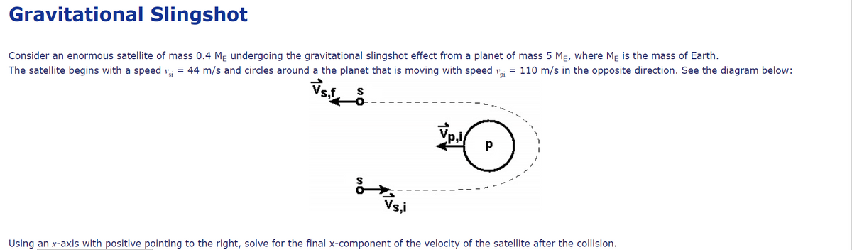 Gravitational Slingshot
Consider an enormous satellite of mass 0.4 M- undergoing the gravitational slingshot effect from a planet of mass 5 MF, where Mp is the mass of Earth.
The satellite begins with a speed v = 44 m/s and circles around a the planet that is moving with speed
pi
= 110 m/s in the opposite direction. See the diagram below:
Vs,i
Using an x-axis with positive pointing to the right, solve for the final x-component of the velocity of the satellite after the collision.
