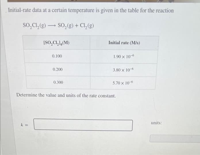 Initial-rate data at a certain temperature is given in the table for the reaction
SO₂Cl₂(g) → SO₂(g) + Cl₂(g)
[SO₂Cl₂], (M)
k=
0.100
0.200
0.300
Initial rate (M/s)
1.90 x 10-6
3.80 x 10-6
5.70 x 10-6
Determine the value and units of the rate constant.
units: