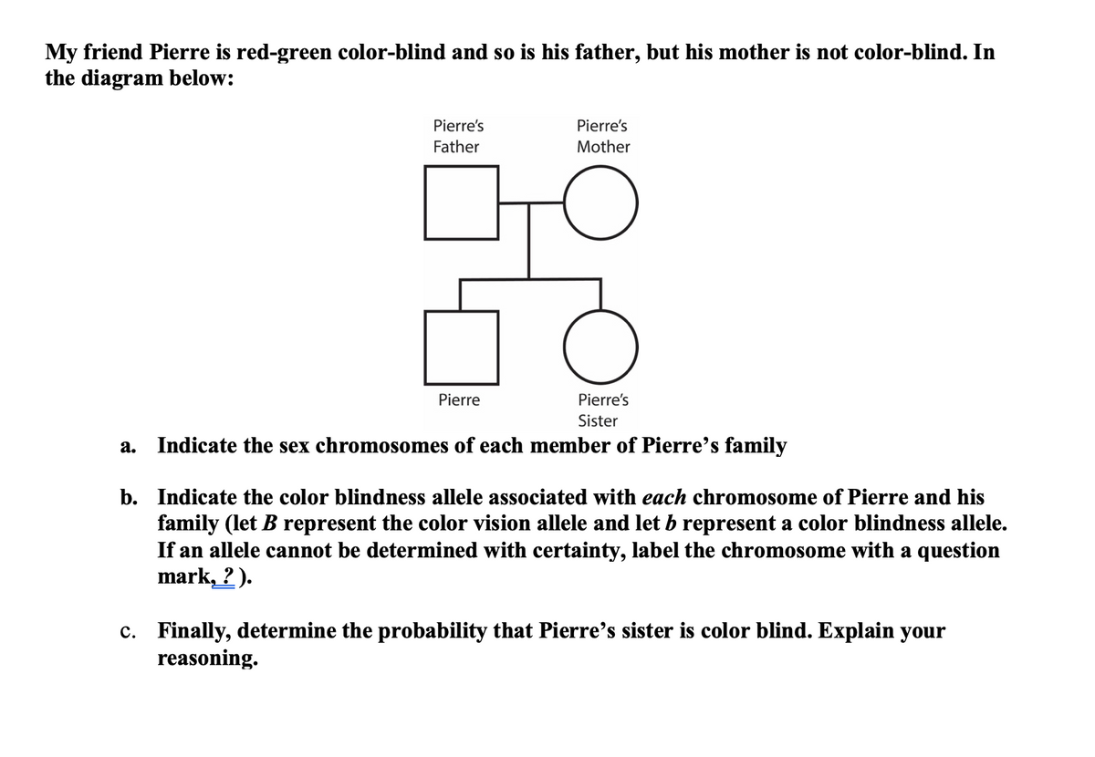 My friend Pierre is red-green color-blind and so is his father, but his mother is not color-blind. In
the diagram below:
Pierre's
Pierre's
Father
Mother
Pierre
Pierre's
Sister
a.
Indicate the sex chromosomes of each member of Pierre's family
b. Indicate the color blindness allele associated with each chromosome of Pierre and his
family (let B represent the color vision allele and let b represent a color blindness allele.
If an allele cannot be determined with certainty, label the chromosome with a question
mark, ? ).
c. Finally, determine the probability that Pierre's sister is color blind. Explain your
reasoning.

