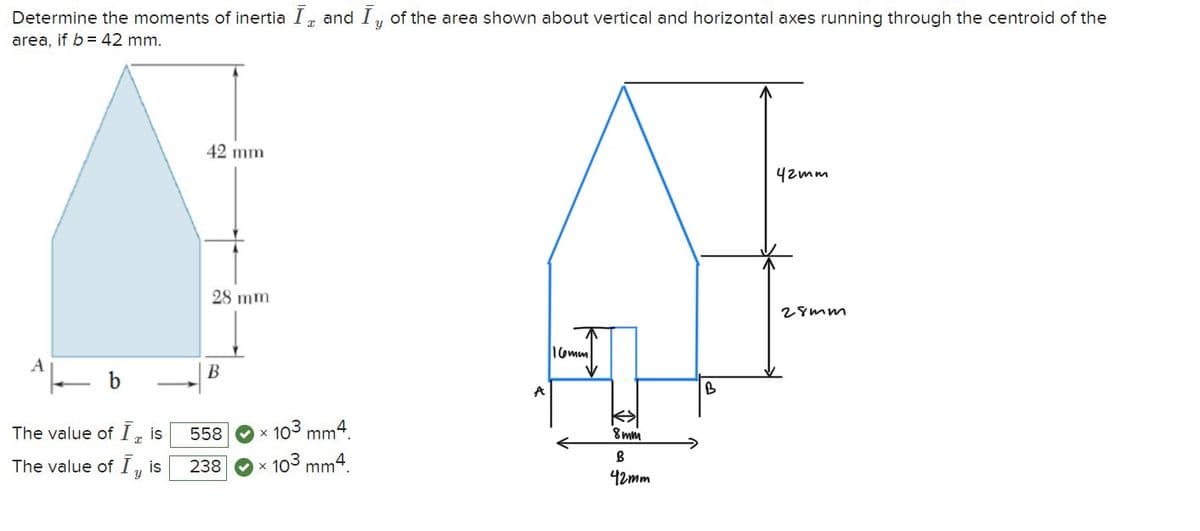 Determine the moments of inertia I, and Iy of the area shown about vertical and horizontal axes running through the centroid of the
area, if b= 42 mm.
А
Ale
The value of Ī, is
x
The value of Iy
is
42 mm
28 mm.
B
558
238
X
103 mm²
103 mm4.
mm4.
A
16mm
8mm
B
42mm
B
42mm
28mm