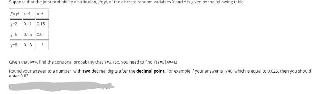 Suppose that the joint probability distribution, f(x,y), of the discrete random variables X and Y is given by the following table
f(x.y) x=4
x=6
y=2
0.11 0.15
y=6
0.15 0.01
y=8
0.13
Given that X=4, find the contional probability that Y=6. (So, you need to find P(Y=6|X=4).)
Round your answer to a number with two decimal digits after the decimal point. For example if your answer is 1/40, which is equal to 0.025, then you should
enter 0.03.
