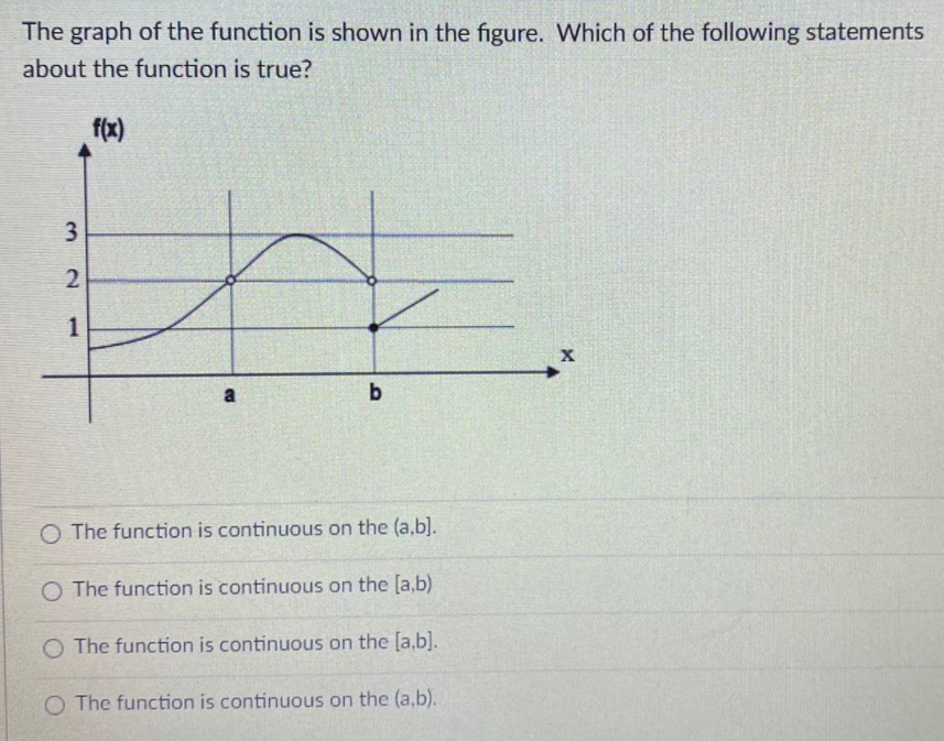 The graph of the function is shown in the figure. Which of the following statements
about the function is true?
f(x)
3
1
X
a
O The function is continuous on the (a,b].
O The function is continuous on the [a,b)
O The function is continuous on the [a,b].
O The function is continuous on the (a,b).
2.
