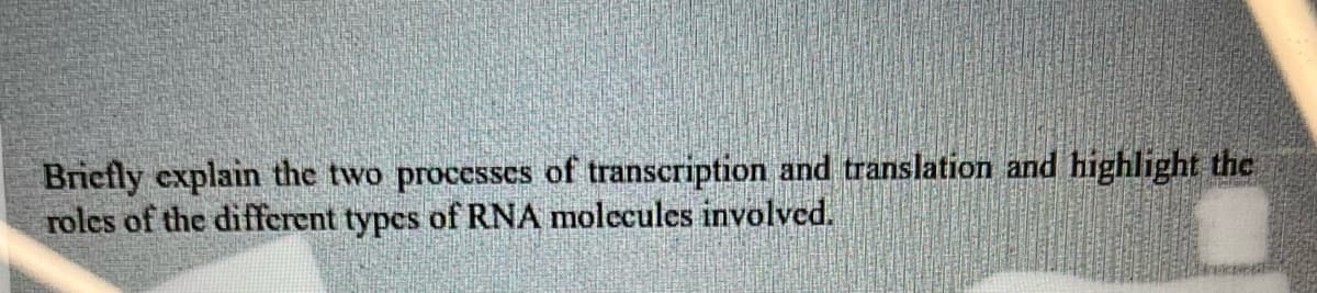 Briefly explain the two processes of transcription and translation and highlight the
roles of the different types of RNA molecules involved.