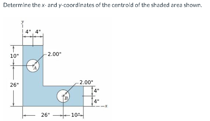Determine the x- and y-coordinates of the centroid of the shaded area shown.
14" 4"
10"
26"
-2.00"
26"
-2.00"
-10"
4"
4"
-X