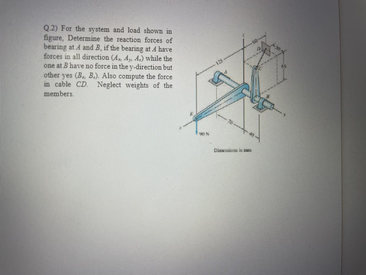 Q.2) For the system and load shown in
figure, Determine the reaction forces of
bearing at A and B, if the bearing at A have
forces in all direction (A., A, A-) while the
one at B have no force in the y-direction but
other yes (B., B.). Also compute the force
in cable CD. Neglect weights of the
60
members.
70
90 N
Dimensions in mm
