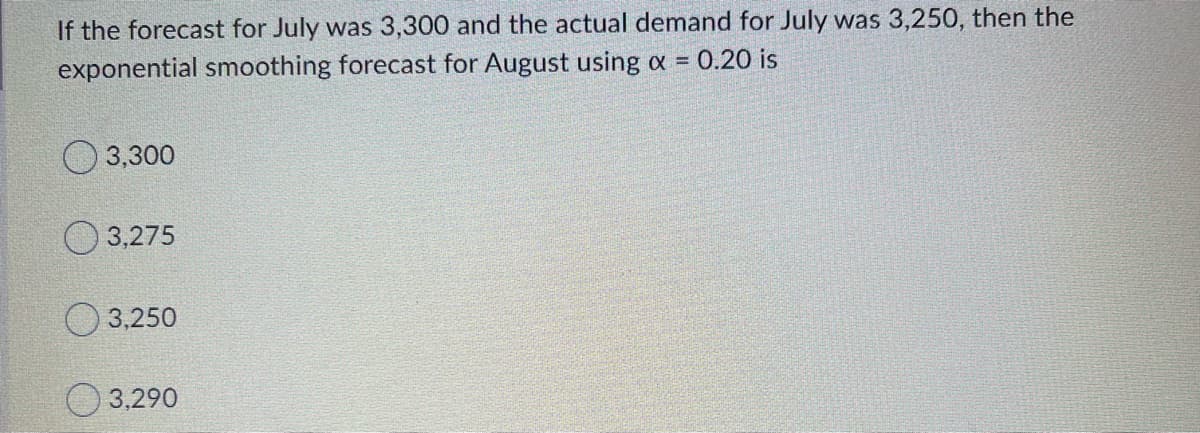 If the forecast for July was 3,300 and the actual demand for July was 3,250, then the
exponential smoothing forecast for August using a 0.20 is
O 3,300
O 3,275
3,250
3,290
