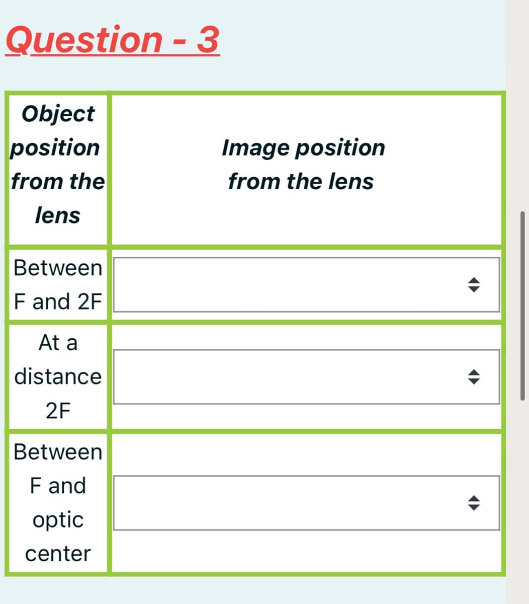 Question - 3
Object
position
Image position
from the
from the lens
lens
Between
F and 2F
At a
distance
2F
Between
F and
optic
center
