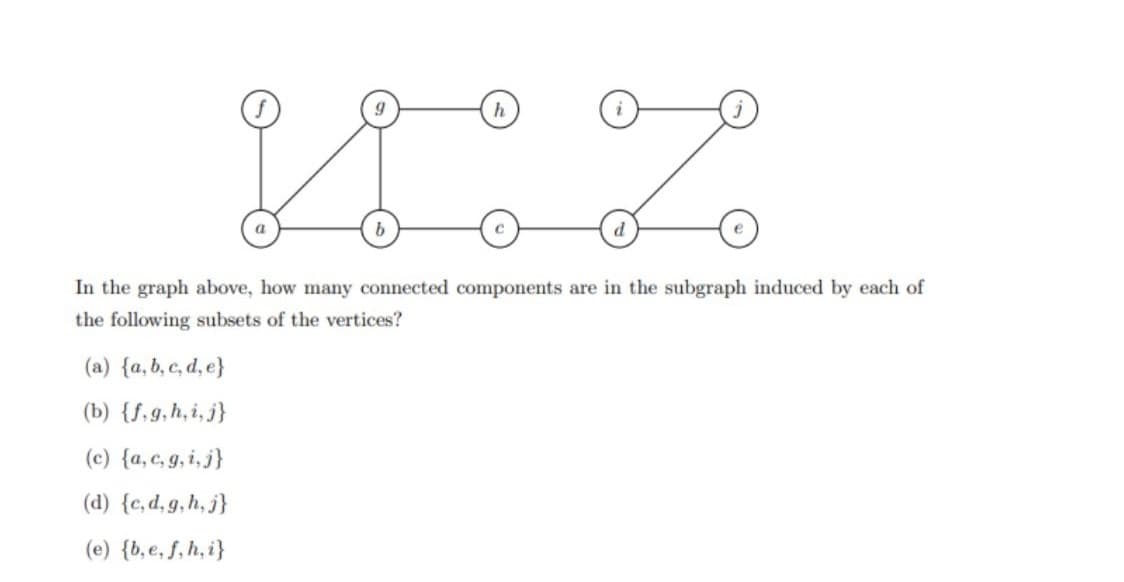h
a
In the graph above, how many connected components are in the subgraph induced by each of
the following subsets of the vertices?
(a) {a, b, c, d, e}
(b) {S,9, h, i, j}
(c) {a,c, g, i,j}
(d) {c, d, g, h, j}
(e) {b, e, f, h, i}
