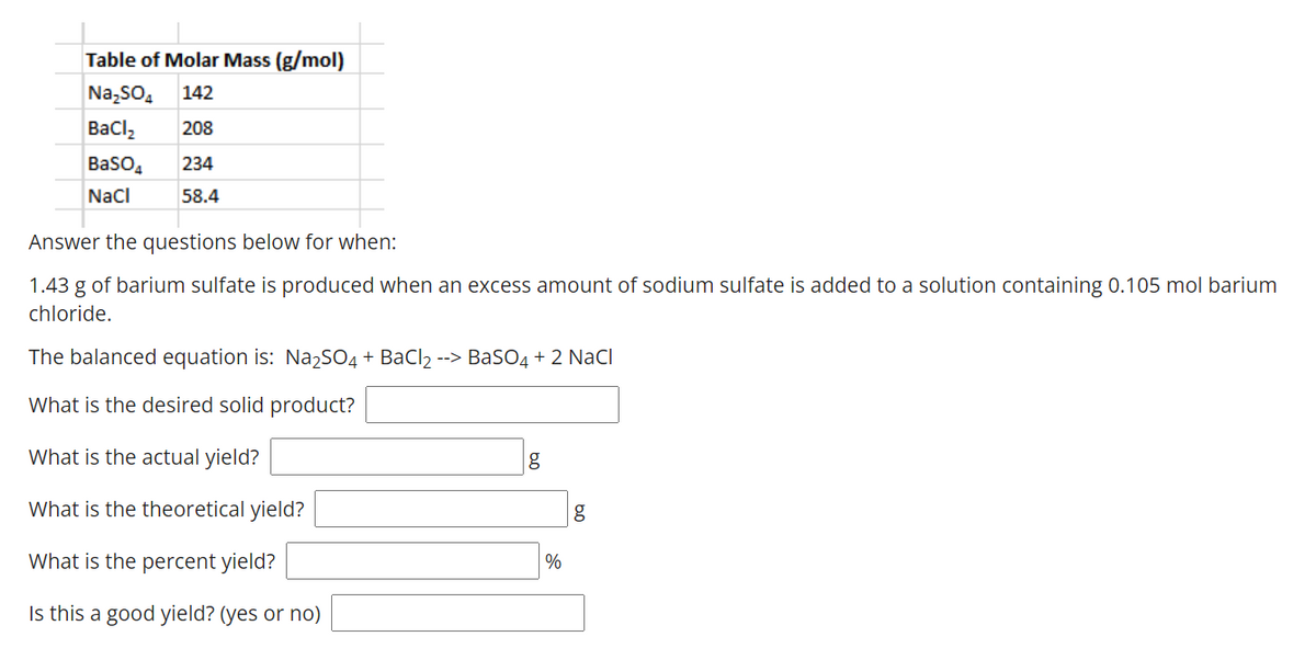 Table of Molar Mass (g/mol)
Na,so,
142
Bacl,
208
Baso,
234
Nacl
58.4
Answer the questions below for when:
1.43 g of barium sulfate is produced when an excess amount of sodium sulfate is added to a solution containing 0.105 mol barium
chloride.
The balanced equation is: Na2SO4 + BaCl2 --> BaSO4 + 2 NaCl
What is the desired solid product?
What is the actual yield?
g
What is the theoretical yield?
What is the percent yield?
%
Is this a good yield? (yes or no)
