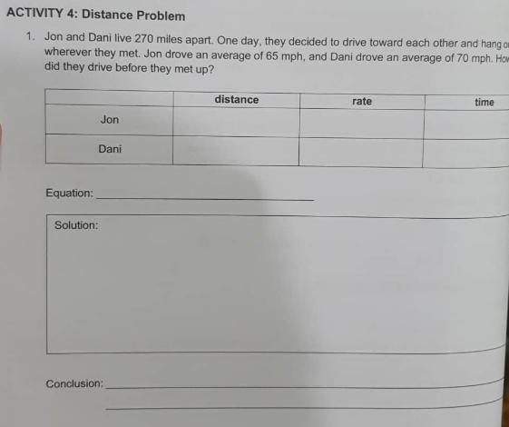 ACTIVITY 4: Distance Problem
1. Jon and Dani live 270 miles apart. One day, they decided to drive toward each other and hang ow
wherever they met. Jon drove an average of 65 mph, and Dani drove an average of 70 mph. How
did they drive before they met up?
distance
rate
time
Jon
Dani
Equation:
Solution:
Conclusion:
