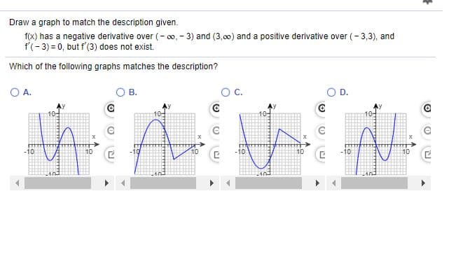 Draw a graph to match the description given.
f(x) has a negative derivative over (- c0, - 3) and (3,00) and a positive derivative over (- 3,3), and
f'(-3) = 0, but f'(3) does not exist.
Which of the following graphs matches the description?
O A.
В.
-10
-10

