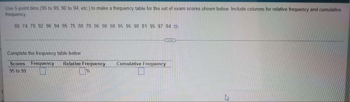 Use 5-point bins (95 to 99, 90 to 94, etc) to make a frequency table for the set of exam scores shown below. Include columns for relative frequency and cumulative
frequency.
88 74 78 92 96 94 95 75 80 70 96 98 98 95 96 90 81 95 97 94
Locci
Complete the frequency table below.
Scores Frequency Relative Frequency
Cumulative Frequency
95 to 99