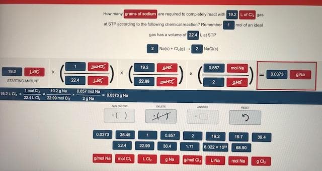 How many grams of sodium are required to completely react with 19.2 Lof CI, gas
at STP according to the following chemical reaction? Remember1 mol of an ideal
gas has a volume of 22.4 Lat STP
2 Na(s) + Cly(a) - 2 NaCi(a)
mote,
19.2
0.867
mol Na
19.2
Ler
0.0373
g Na
STARTING AMOUNT
22.4
22.00
mol CL
