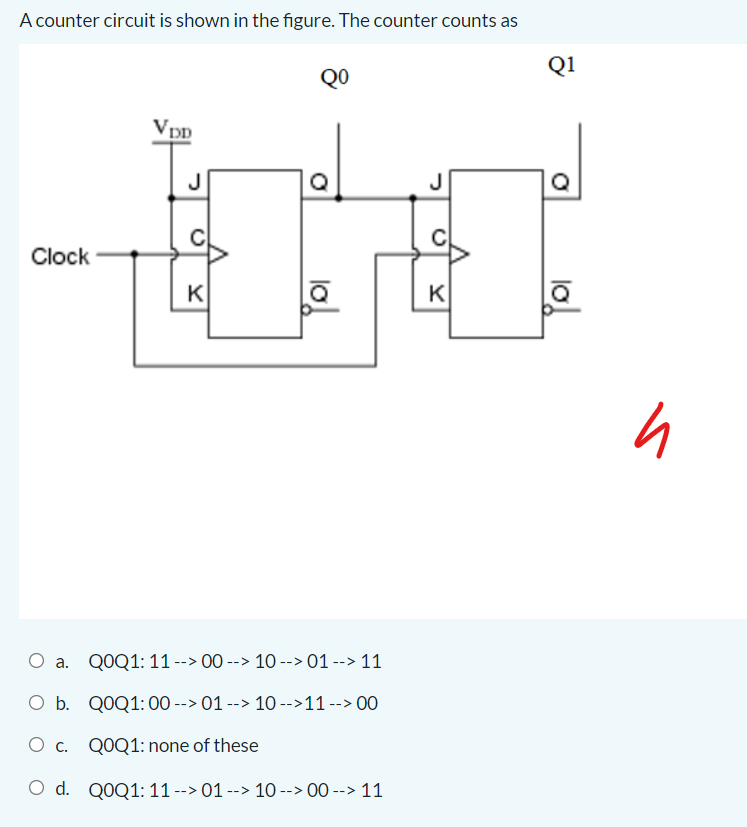 A counter circuit is shown in the figure. The counter counts as
Q1
QO
Vpp
J
Q
Q
Clock
K
K
O a. QOQ1: 11 --> 00 --> 10 --> 01 --> 11
O b. QOQ1:00 --> 01 --> 10 -->11 --> 00
O c. QOQ1: none of these
O d. QOQ1: 11 --> 01 --> 10 --> 00 --> 11
Cl
