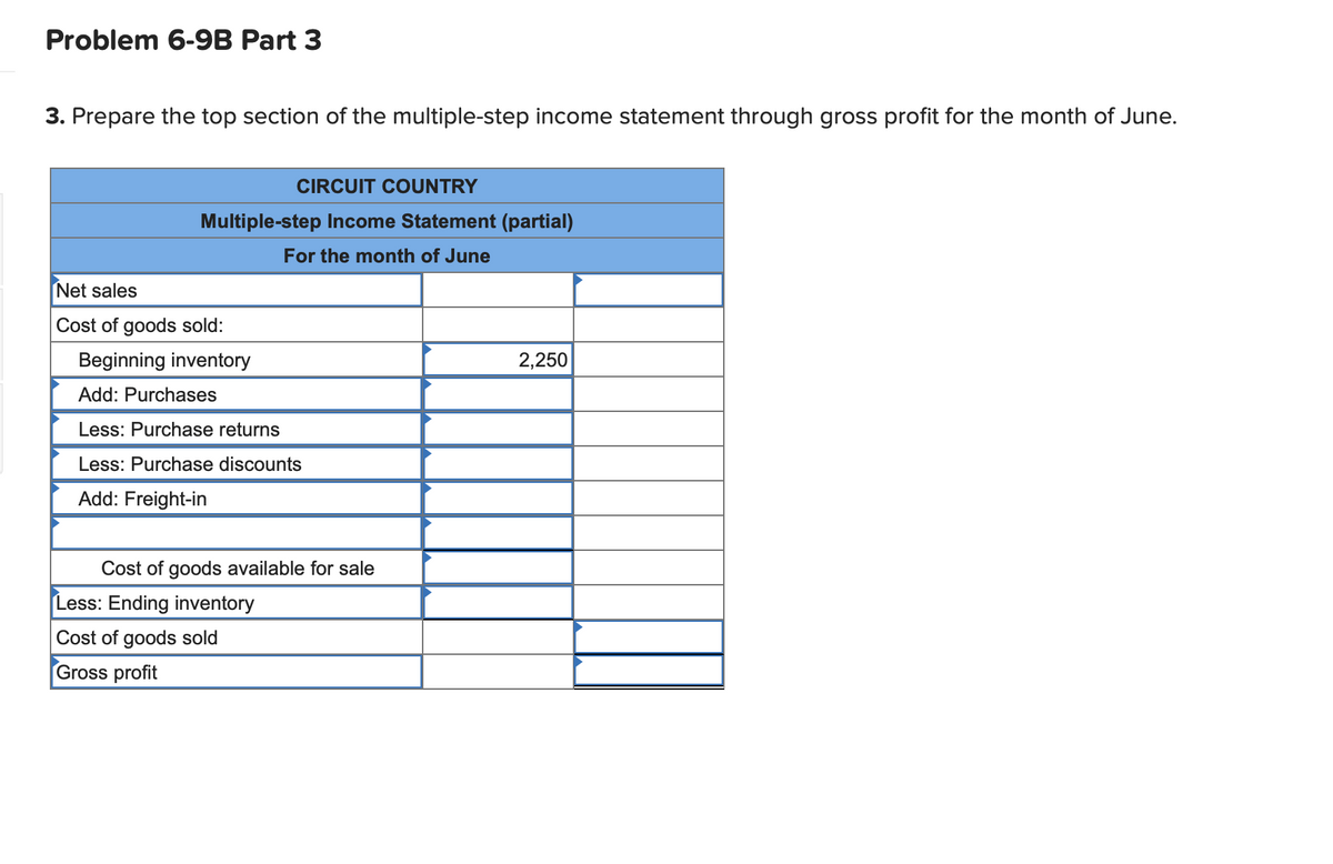 Problem 6-9B Part 3
3. Prepare the top section of the multiple-step income statement through gross profit for the month of June.
CIRCUIT COUNTRY
Multiple-step Income Statement (partial)
For the month of June
Net sales
Cost of goods sold:
Beginning inventory
2,250
Add: Purchases
Less: Purchase returns
Less: Purchase discounts
Add: Freight-in
Cost of goods available for sale
Less: Ending inventory
Cost of goods sold
Gross profit
