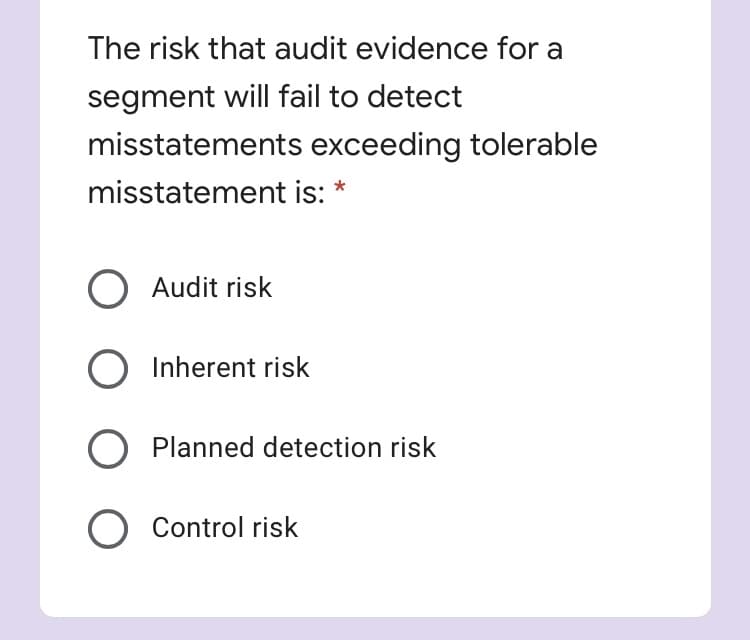 The risk that audit evidence for a
segment will fail to detect
misstatements exceeding tolerable
misstatement is:
Audit risk
Inherent risk
Planned detection risk
O Control risk
