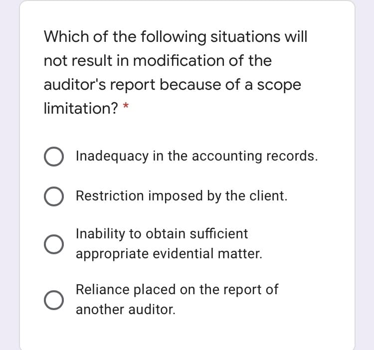Which of the following situations will
not result in modification of the
auditor's report because of a scope
limitation? *
O Inadequacy in the accounting records.
O Restriction imposed by the client.
Inability to obtain sufficient
appropriate evidential matter.
Reliance placed on the report of
another auditor.
