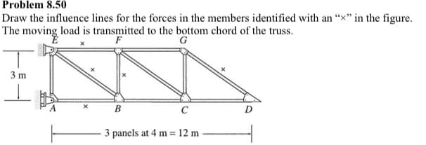 Problem 8.50
Draw the influence lines for the forces in the members identified with an "x" in the figure.
The moving load is transmitted to the bottom chord of the truss.
F
G
3 m
B
C
D
3 panels at 4 m = 12 m
