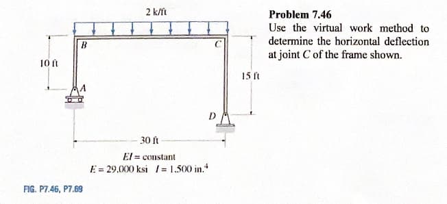 2 k/ft
Problem 7.46
Use the virtual work method to
determine the horizontal deflection
at joint C of the frame shown.
B
10 ft
15 ft
30 ft
El = constant
E = 29,000 ksi 1= 1.500 in.
FIG. P7.46, P7.69
