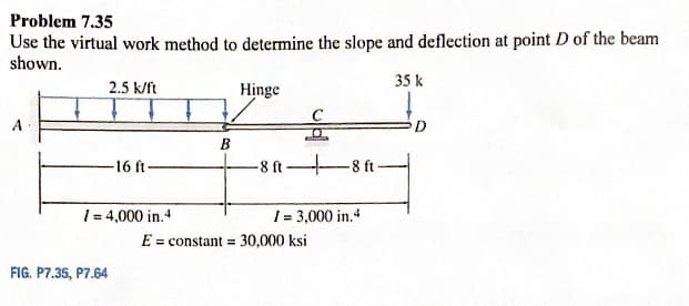 Problem 7.35
Use the virtual work method to determine the slope and deflection at point D of the beam
shown.
35 k
2.5 k/ft
Hinge
A
B
-16 ft-
-8 ft
-8 ft-
1= 4,000 in.+
1 = 3,000 in.4
E = constant = 30,000 ksi
FIG. P7.35, P7.64
