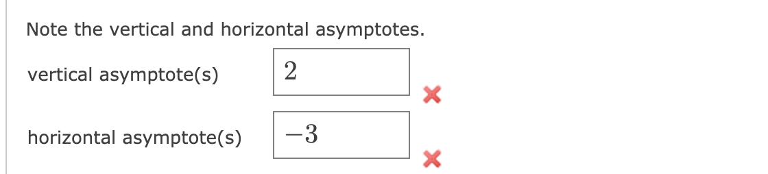 Note the vertical and horizontal asymptotes.
vertical asymptote(s)
2
horizontal asymptote(s)
-3
