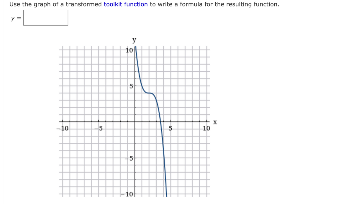 Use the graph of a transformed toolkit function to write a formula for the resulting function.
y =
y
10
5
-10
10
5
-10-
