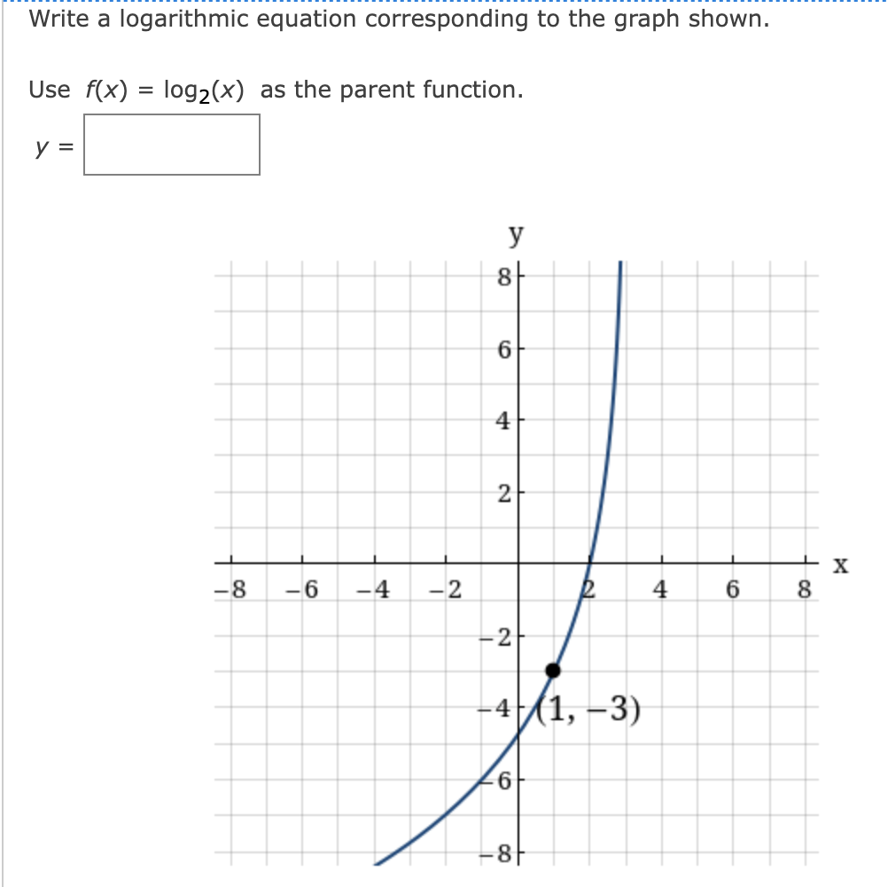 Write a logarithmic equation corresponding to the graph shown.
Use f(x) = log2(x) as the parent function.
y =
y
6.
4
+ x
-8
-6
-4
-2
4
6.
8.
-4(1, –3)
-8
2.

