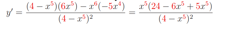 (4 – x*)(6x³) – x°(-5xª)
(4 – x5)2
x°(24 – 6x³ + 5x³)
(4 – x5)2
|
y' =
-
-
