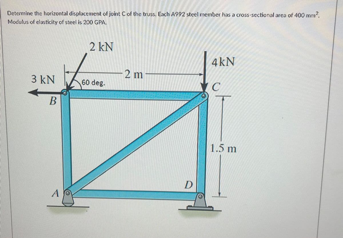 Determine the horizontal displacement of joint C of the truss. Each A992 steel member has a cross-sectional area of 400 mm.
Modulus of elasticity of steel is 200 GPA.
2 kN
4kN
2 m -
3kN
60 deg.
1.5 m
D
A
